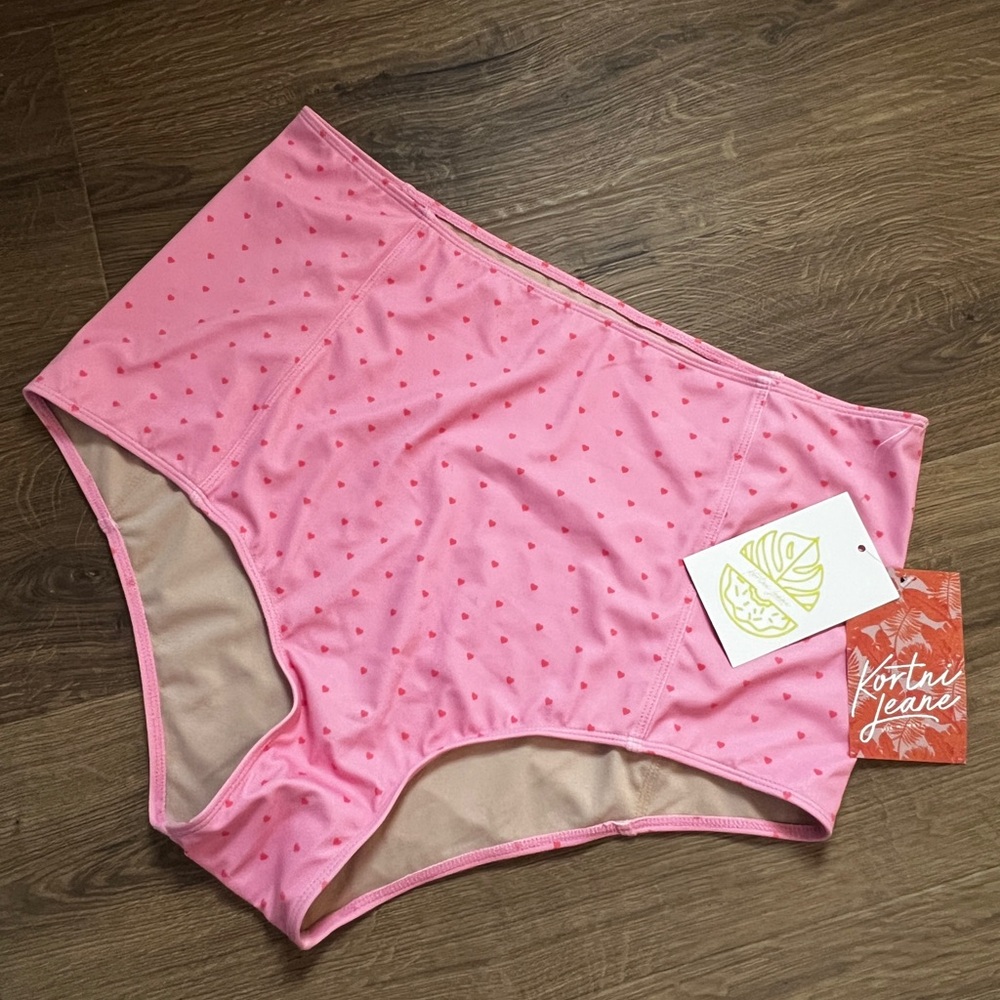 Kortni Jeane Pink Heart High Waisted Swim Bottoms NWT